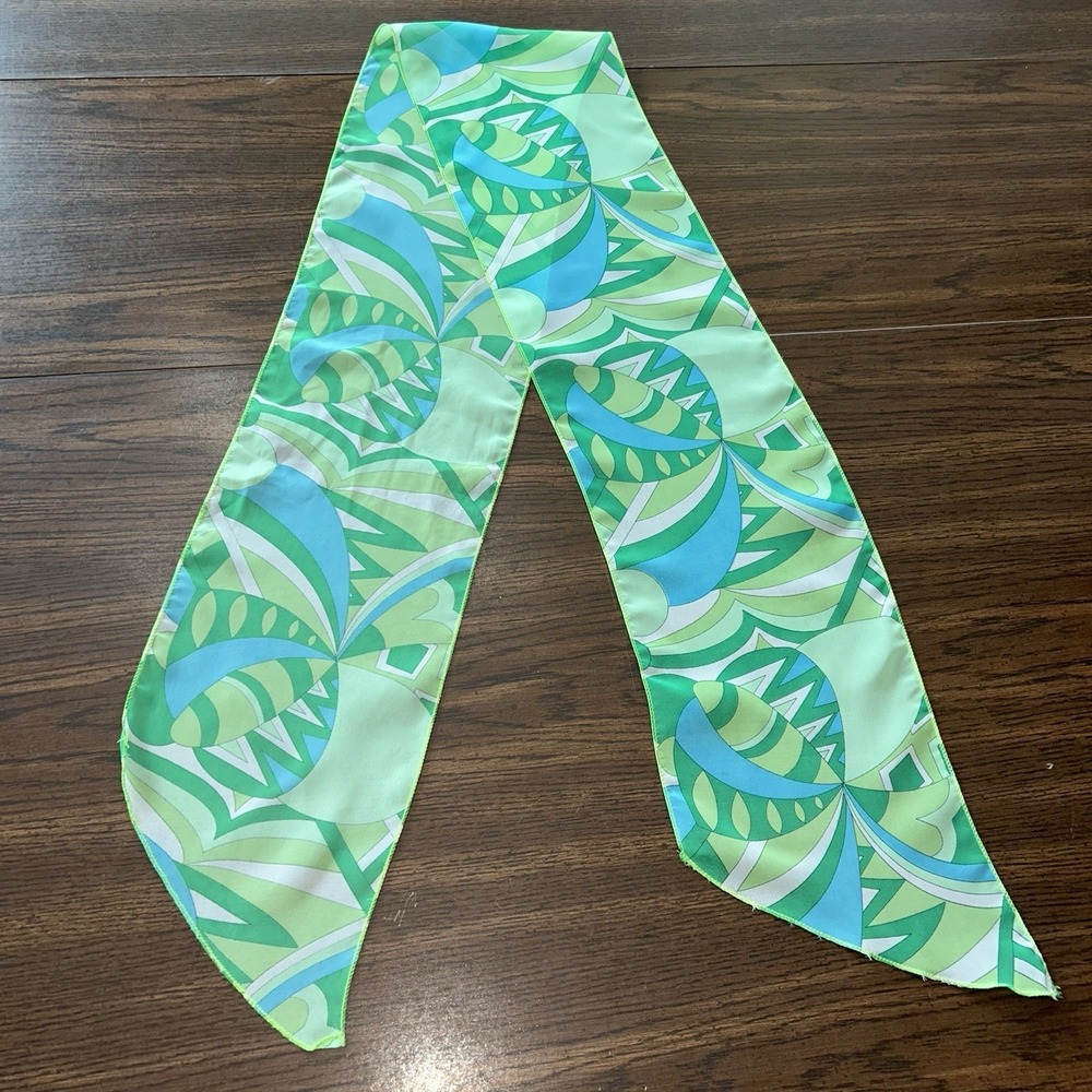 Vintage Psychedelic Mod Skinny Scarf Green Blue Abstract Print